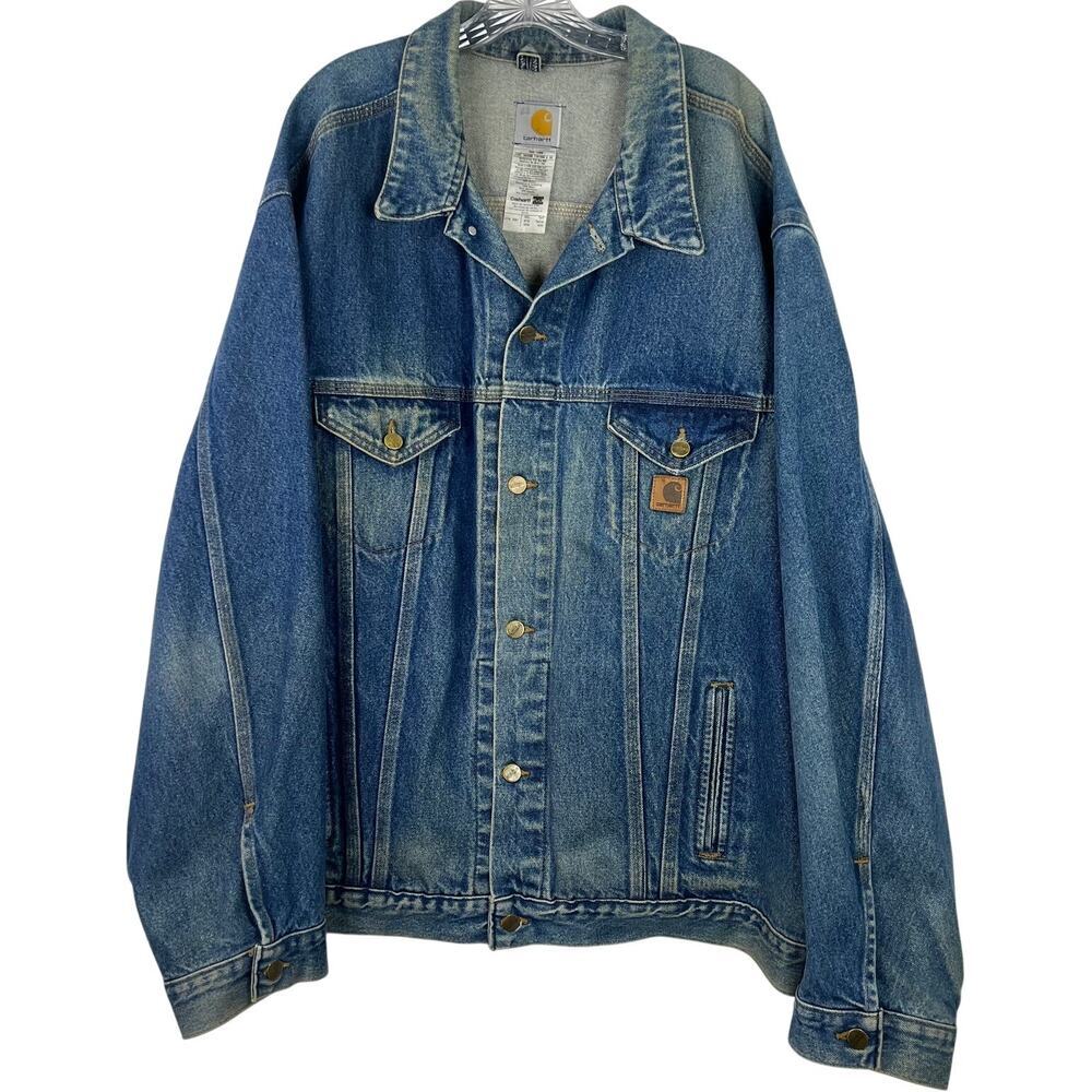 Carhartt Men Trucker Jacket Logo Patch Lined Blue Denim Distressed Size 3XL Tall